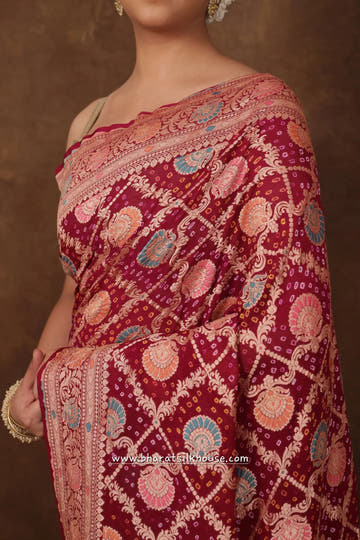 Pure Banarasi Georgette Bandhej Meenakari Handloom Saree In Shades Of Pink - Bharat Silk House Bandhej
