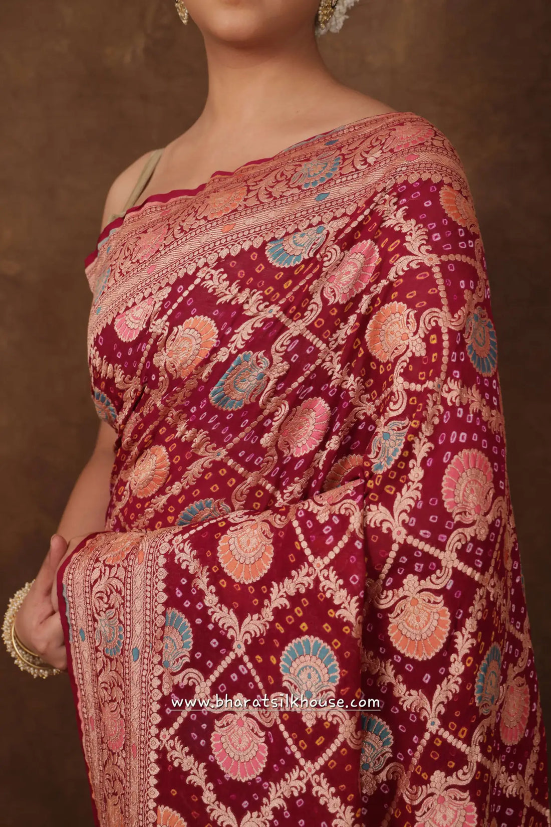 Pure Banarasi Georgette Bandhej Meenakari Handloom Saree In Shades Of Pink - Bharat Silk House Bandhej