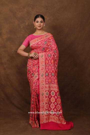 Pure Banarasi Georgette Bandhej Meenakari Handloom Saree In Shades Of Pink - Bharat Silk House Bandhej