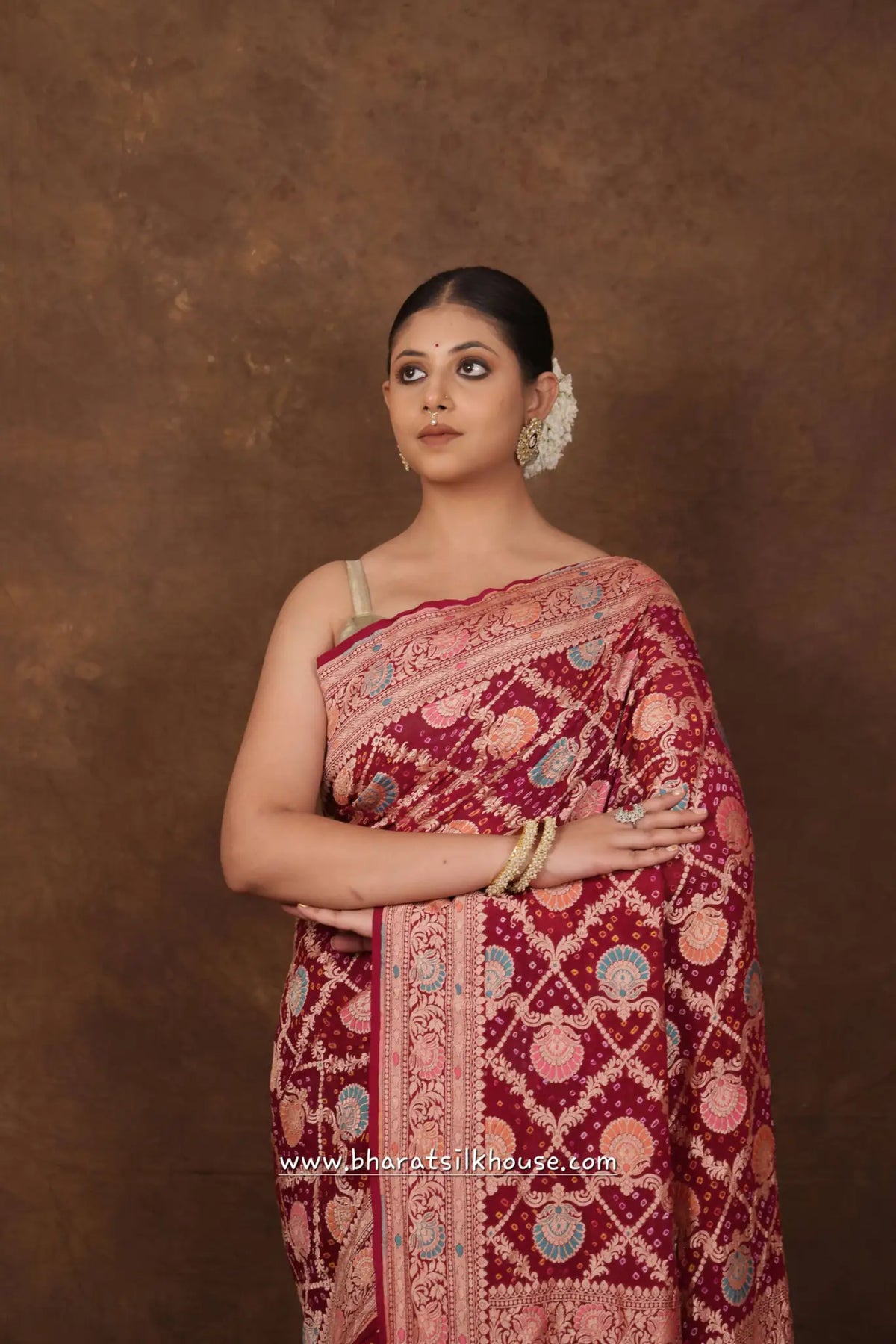 Pure Banarasi Georgette Bandhej Meenakari Handloom Saree In Shades Of Pink - Bharat Silk House Bandhej