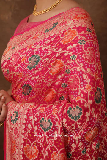 Pure Banarasi Georgette Bandhej Meenakari Handloom Saree In Shades Of Pink - Bharat Silk House Bandhej