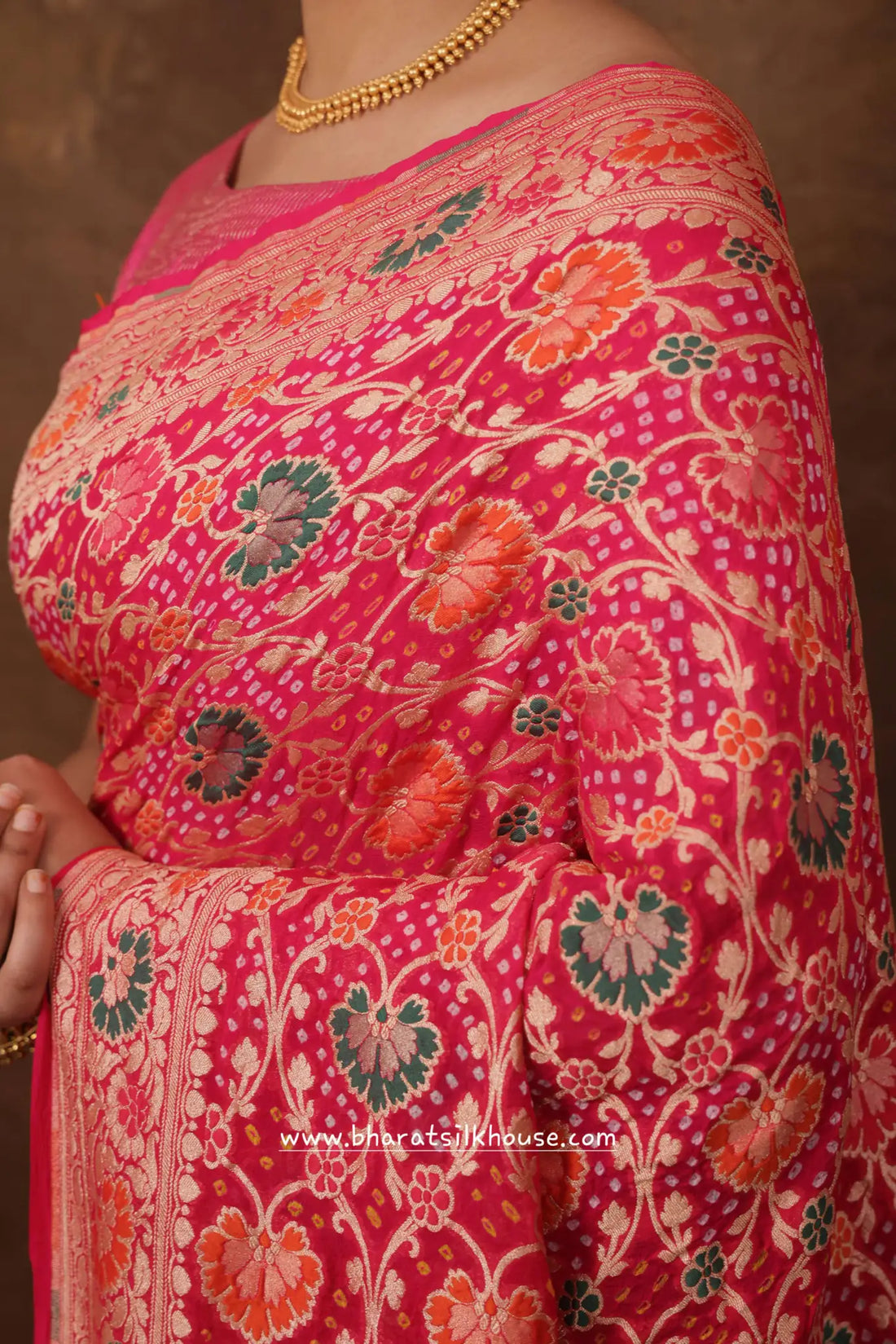 Pure Banarasi Georgette Bandhej Meenakari Handloom Saree In Shades Of Pink - Bharat Silk House Bandhej