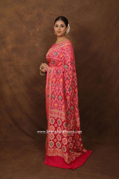 Pure Banarasi Georgette Bandhej Meenakari Handloom Saree In Shades Of Pink - Bharat Silk House Bandhej