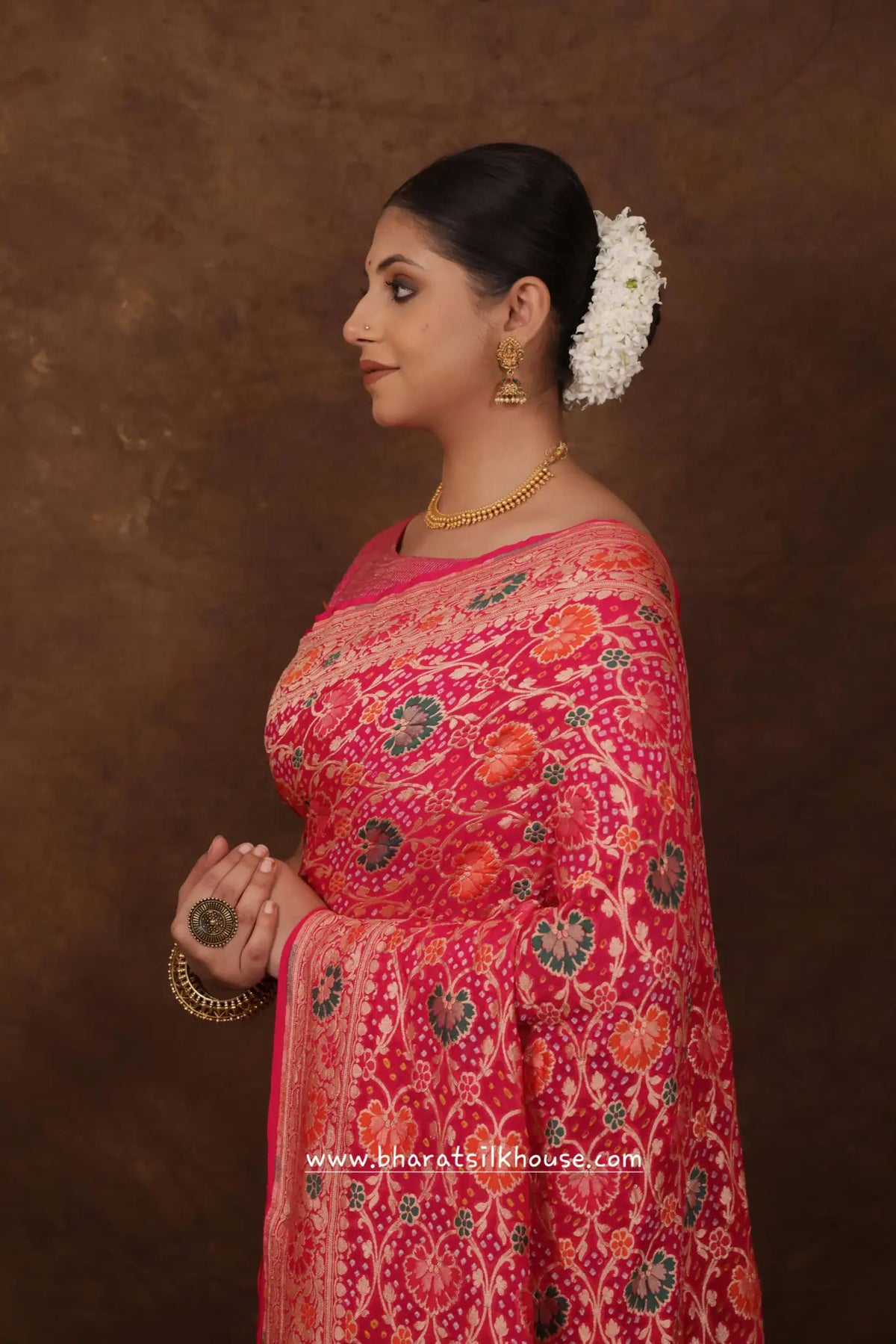 Pure Banarasi Georgette Bandhej Meenakari Handloom Saree In Shades Of Pink - Bharat Silk House Bandhej