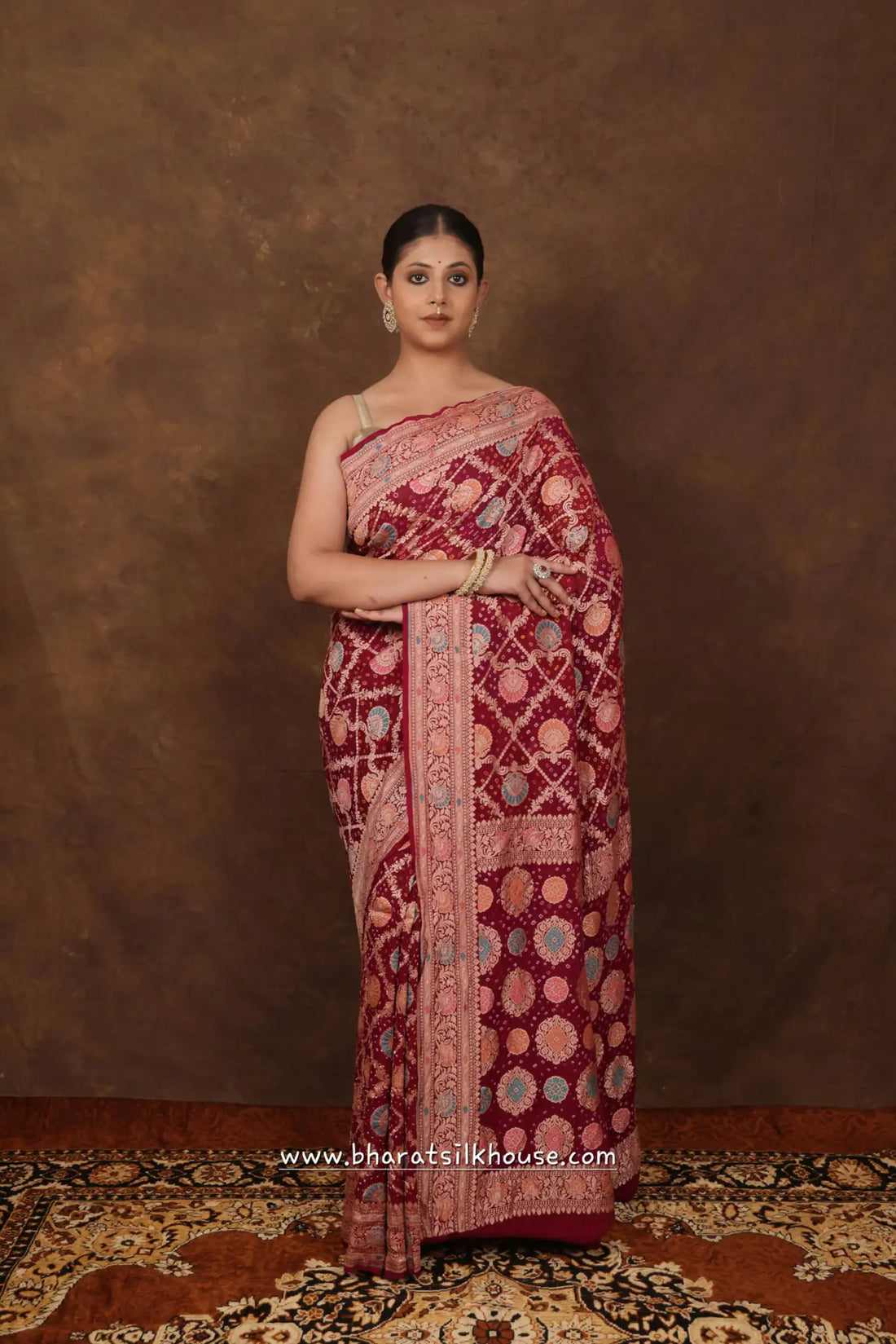 Pure Banarasi Georgette Bandhej Meenakari Handloom Saree In Shades Of Pink - Bharat Silk House Bandhej