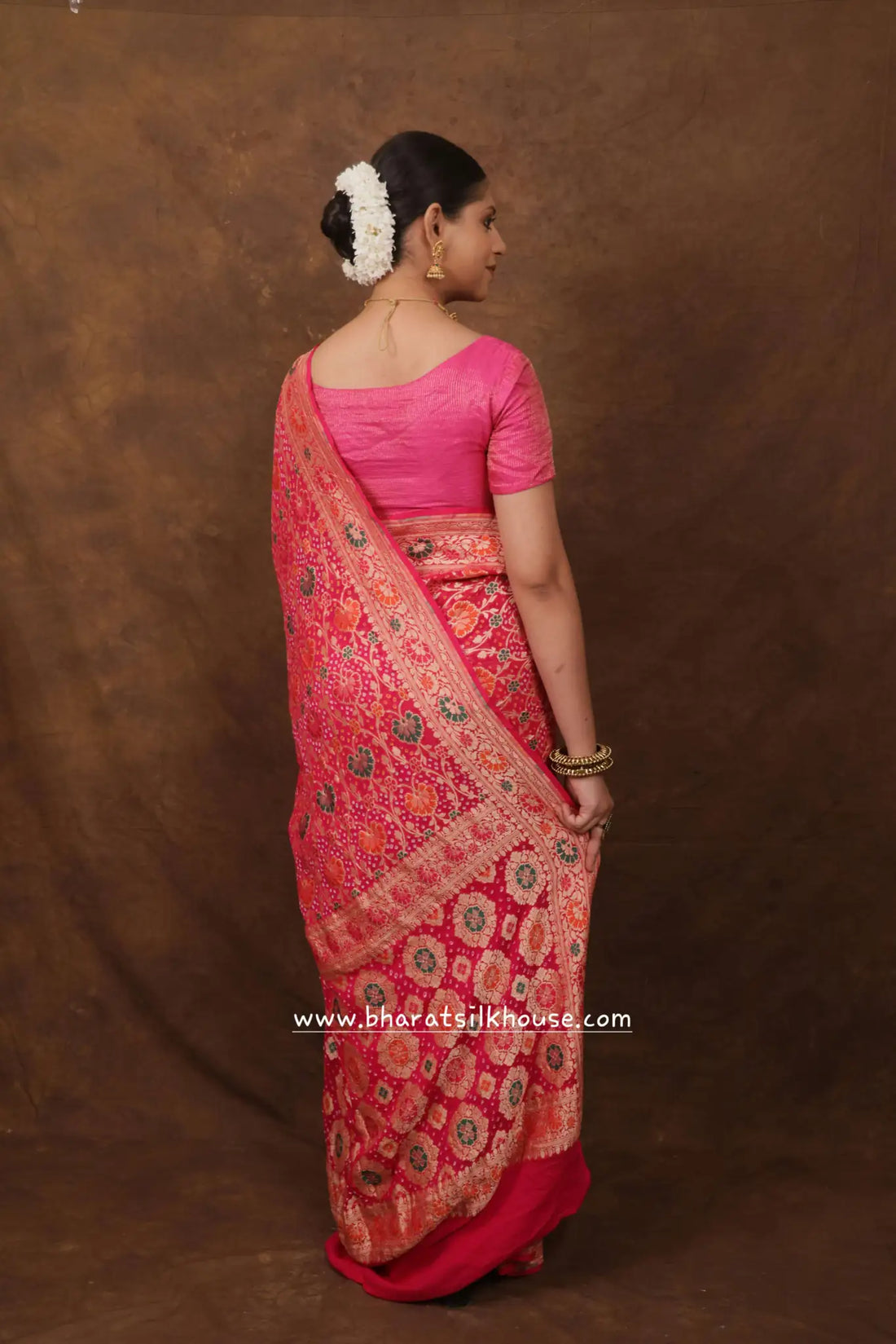 Pure Banarasi Georgette Bandhej Meenakari Handloom Saree In Shades Of Pink - Bharat Silk House Bandhej