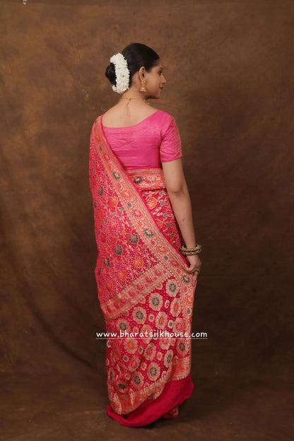Pure Banarasi Georgette Bandhej Meenakari Handloom Saree In Shades Of Pink - Bharat Silk House Bandhej