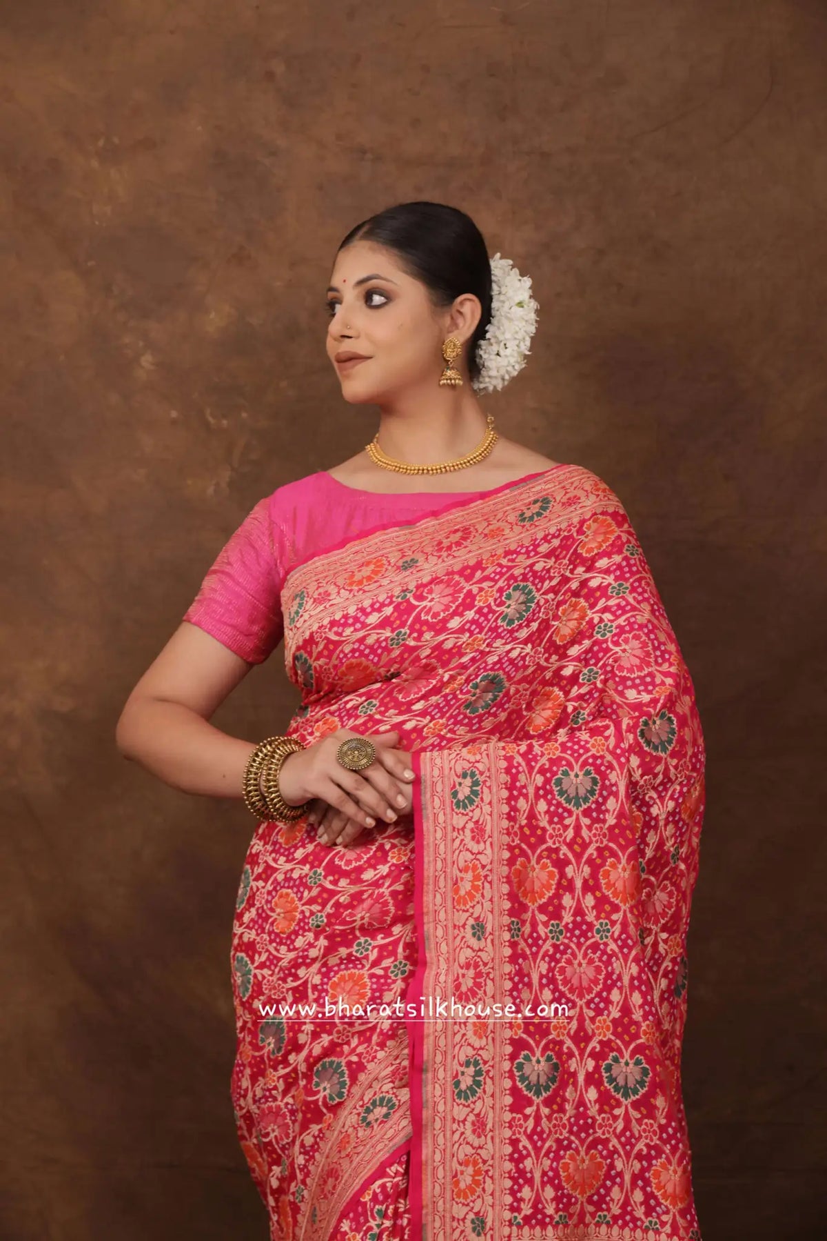 Pure Banarasi Georgette Bandhej Meenakari Handloom Saree In Shades Of Pink - Bharat Silk House Bandhej