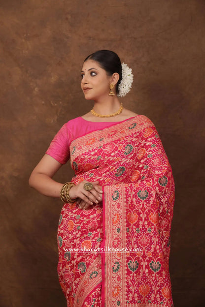 Pure Banarasi Georgette Bandhej Meenakari Handloom Saree In Shades Of Pink - Bharat Silk House Bandhej