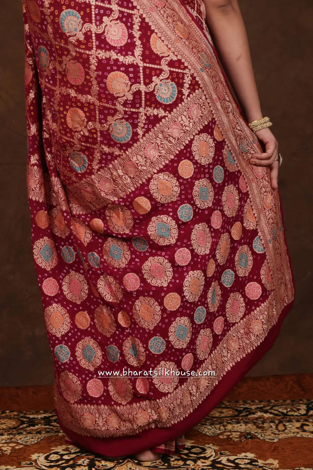 Pure Banarasi Georgette Bandhej Meenakari Handloom Saree In Shades Of Pink - Bharat Silk House Bandhej