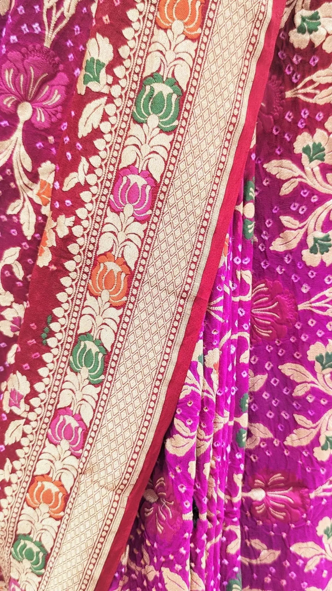 Pure Banarasi Georgette Bandhej Meenakari Handloom Saree In Shades Of Pink/Red - Bharat Silk House Bandhej