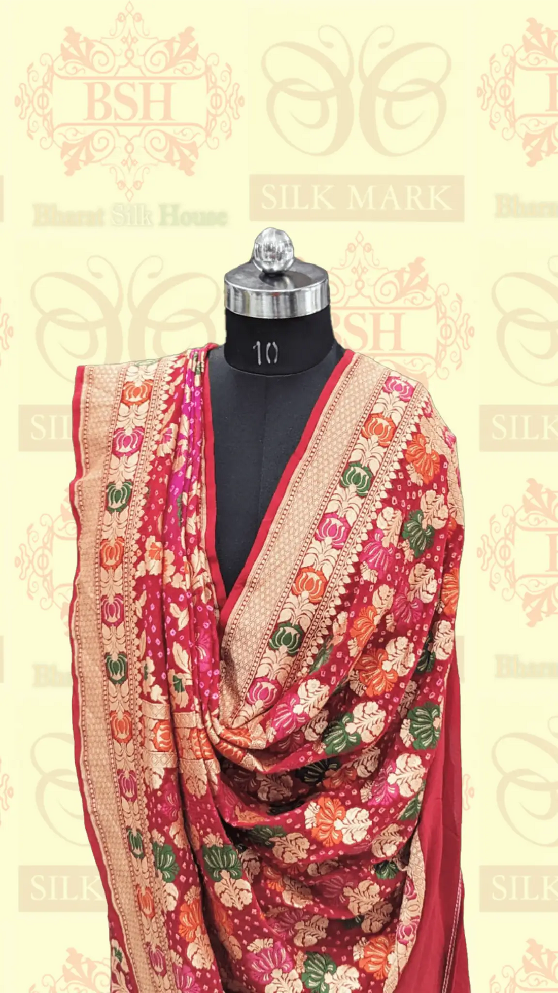 Pure Banarasi Georgette Bandhej Meenakari Handloom Saree In Shades Of Pink/Red - Bharat Silk House Bandhej