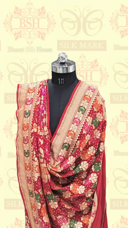 Pure Banarasi Georgette Bandhej Meenakari Handloom Saree In Shades Of Pink/Red - Bharat Silk House Bandhej