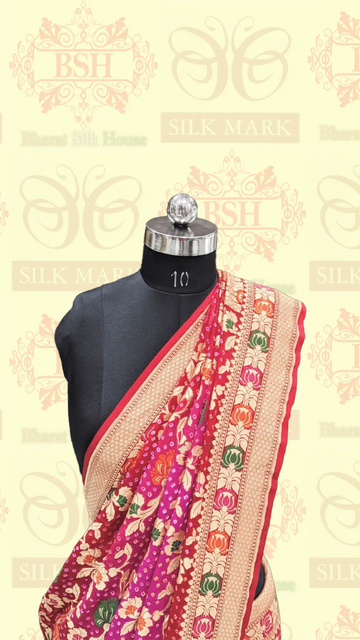 Pure Banarasi Georgette Bandhej Meenakari Handloom Saree In Shades Of Pink/Red - Bharat Silk House Bandhej