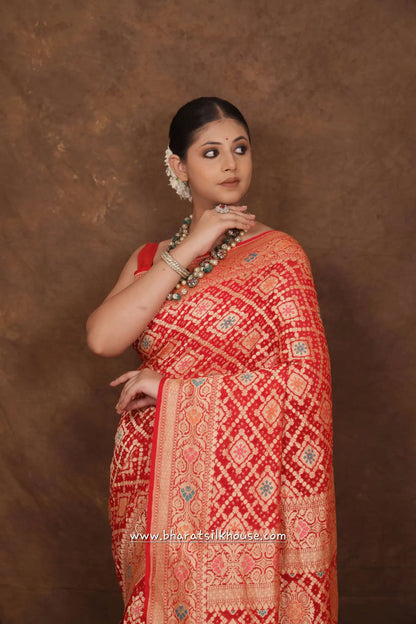 Pure Banarasi Georgette Bandhej Meenakari Handloom Saree In Shades Of Red - Bharat Silk House Bandhej