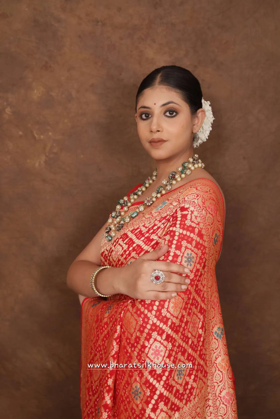 Pure Banarasi Georgette Bandhej Meenakari Handloom Saree In Shades Of Red - Bharat Silk House Bandhej