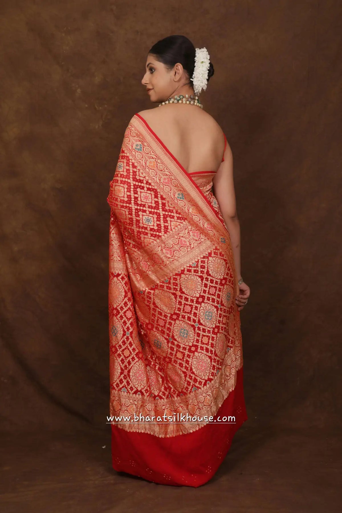 Pure Banarasi Georgette Bandhej Meenakari Handloom Saree In Shades Of Red - Bharat Silk House Bandhej