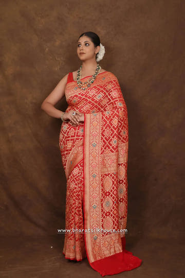 Pure Banarasi Georgette Bandhej Meenakari Handloom Saree In Shades Of Red - Bharat Silk House Bandhej