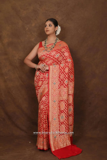 Pure Banarasi Georgette Bandhej Meenakari Handloom Saree In Shades Of Red - Bharat Silk House Bandhej