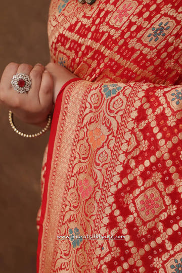 Pure Banarasi Georgette Bandhej Meenakari Handloom Saree In Shades Of Red - Bharat Silk House Bandhej