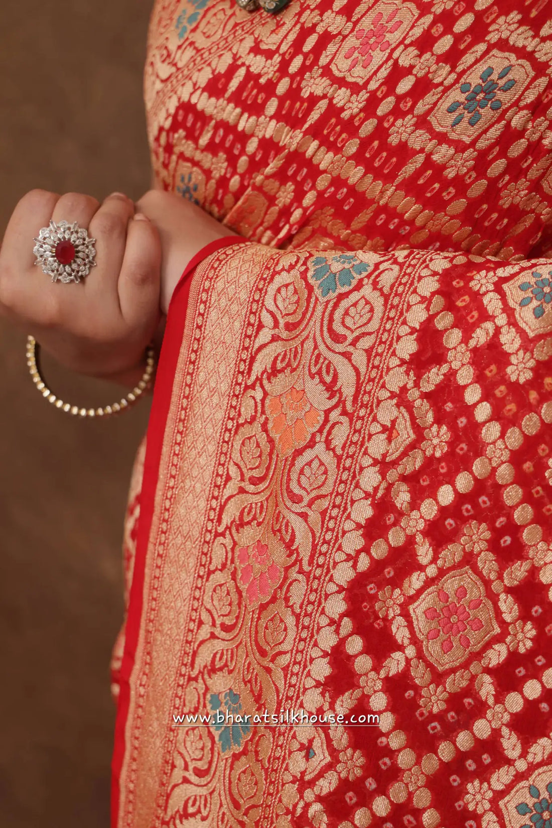 Pure Banarasi Georgette Bandhej Meenakari Handloom Saree In Shades Of Red - Bharat Silk House Bandhej