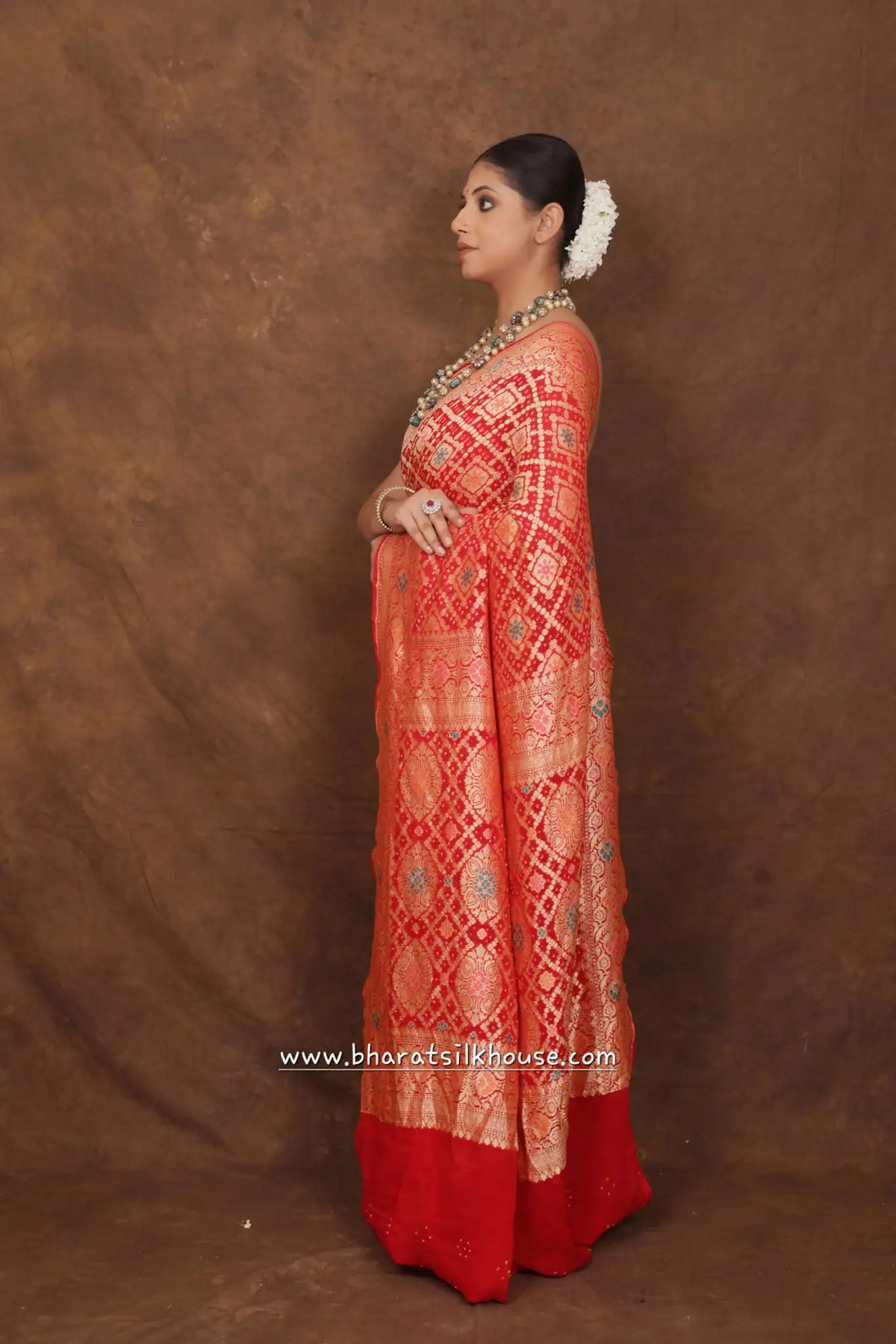 Pure Banarasi Georgette Bandhej Meenakari Handloom Saree In Shades Of Red - Bharat Silk House Bandhej