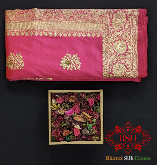 Pure Banarasi Handloom Katan Silk Antique Golden Zari Saree In Shades Of Orange - Bharat Silk House