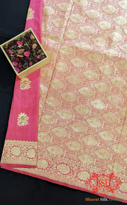 Pure Banarasi Handloom Katan Silk Antique Golden Zari Saree In Shades Of Orange - Bharat Silk House Pure Kataan Silk