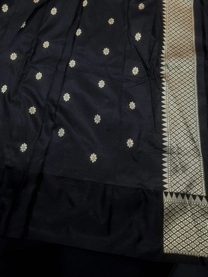 Pure Banarasi Handloom Katan Silk Antique Meena Zari Saree In Shades of Green / Black - Bharat Silk House Pure Kataan Silk