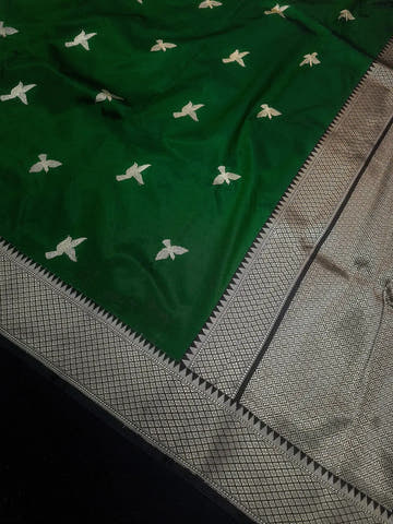 Pure Banarasi Handloom Katan Silk Antique Meena Zari Saree In Shades of Green / Black - Bharat Silk House Pure Kataan Silk