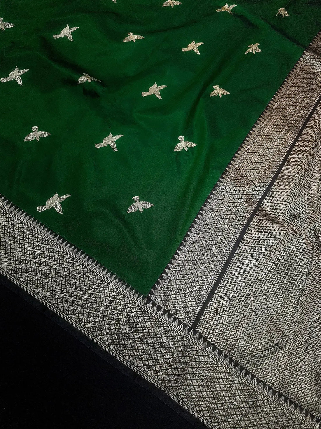 Pure Banarasi Handloom Katan Silk Antique Meena Zari Saree In Shades of Green / Black - Bharat Silk House Pure Kataan Silk