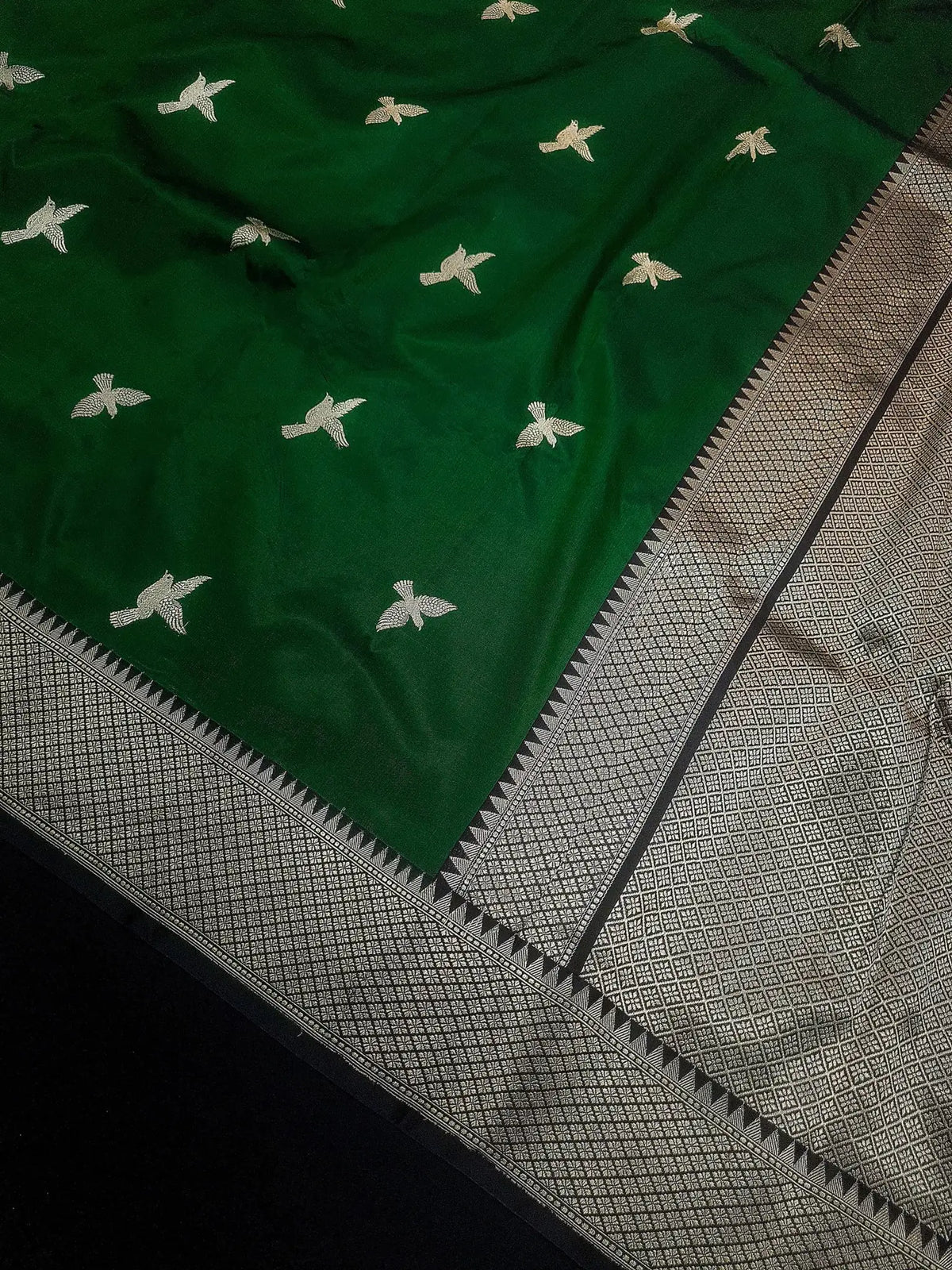Pure Banarasi Handloom Katan Silk Antique Meena Zari Saree In Shades of Green / Black - Bharat Silk House Pure Kataan Silk