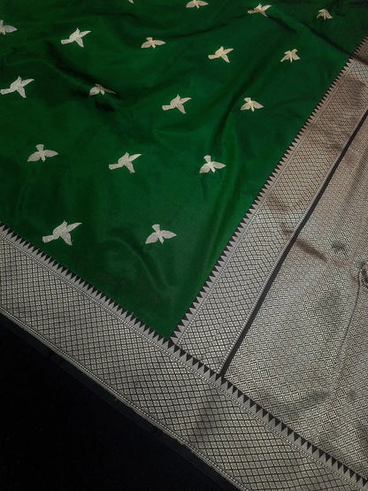 Pure Banarasi Handloom Katan Silk Antique Meena Zari Saree In Shades of Green / Black - Bharat Silk House Pure Kataan Silk