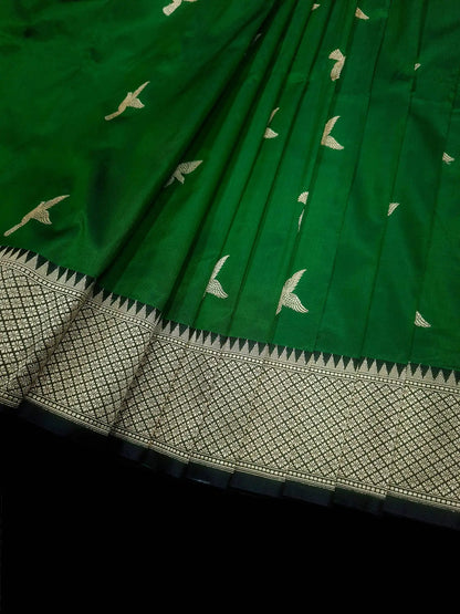 Pure Banarasi Handloom Katan Silk Antique Meena Zari Saree In Shades of Green / Black - Bharat Silk House Pure Kataan Silk