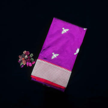 Pure Banarasi Handloom Katan Silk Antique Meena Zari Saree In Shades of Magenta / Red - Bharat Silk House Pure Kataan Silk