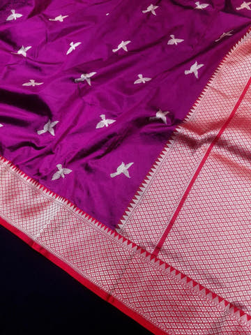 Pure Banarasi Handloom Katan Silk Antique Meena Zari Saree In Shades of Magenta / Red - Bharat Silk House Pure Kataan Silk