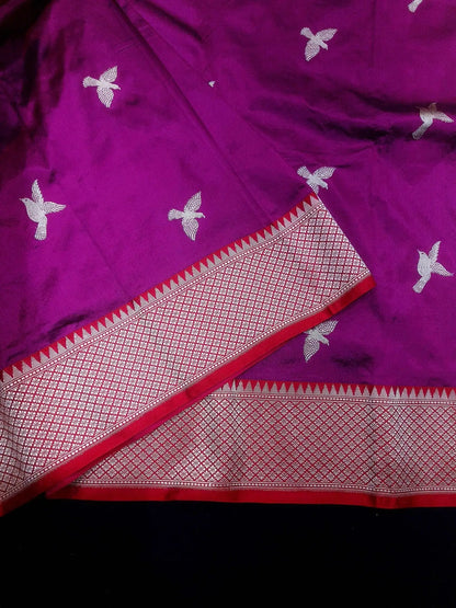 Pure Banarasi Handloom Katan Silk Antique Meena Zari Saree In Shades of Magenta / Red - Bharat Silk House Pure Kataan Silk
