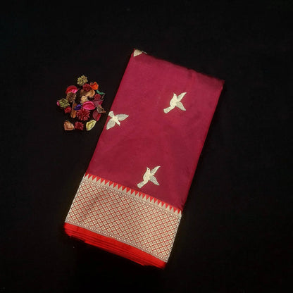 Pure Banarasi Handloom Katan Silk Antique Meena Zari Saree In Shades of Maroon/Red - Bharat Silk House Pure Kataan Silk