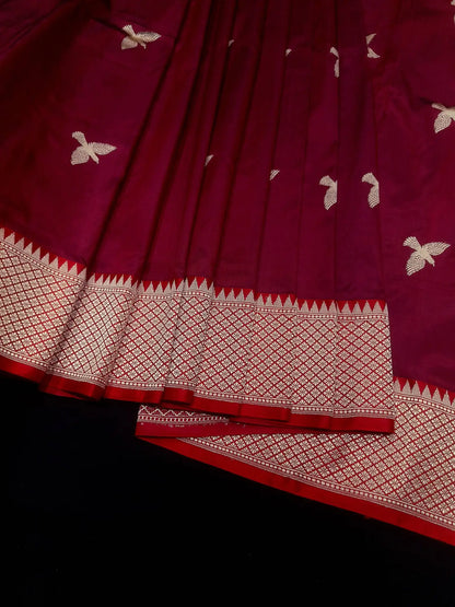 Pure Banarasi Handloom Katan Silk Antique Meena Zari Saree In Shades of Maroon/Red - Bharat Silk House Pure Kataan Silk