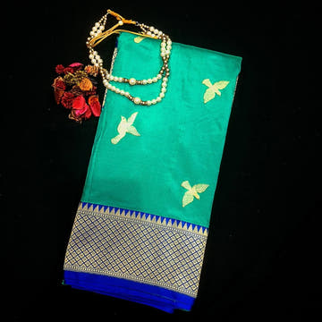 Pure Banarasi Handloom Katan Silk Antique Meena Zari Saree In Shades of Sea Green/ Royal Blue - Bharat Silk House Pure Kataan Silk