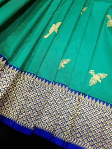 Pure Banarasi Handloom Katan Silk Antique Meena Zari Saree In Shades of Sea Green/ Royal Blue - Bharat Silk House Pure Kataan Silk
