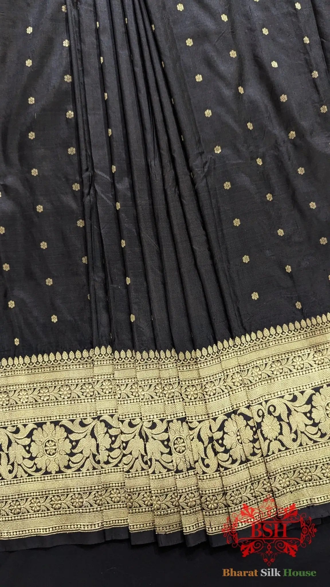 Pure Banarasi Handloom Katan Silk Antique Zari Saree In Shades Of Black - Bharat Silk House Pure Kataan Silk