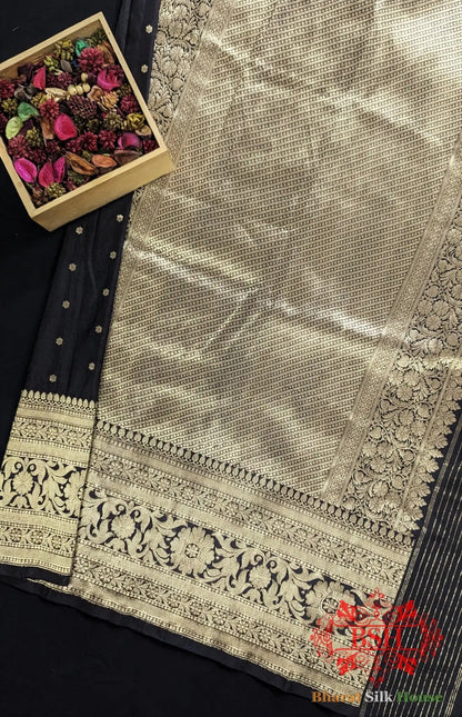 Pure Banarasi Handloom Katan Silk Antique Zari Saree In Shades Of Black - Bharat Silk House Pure Kataan Silk