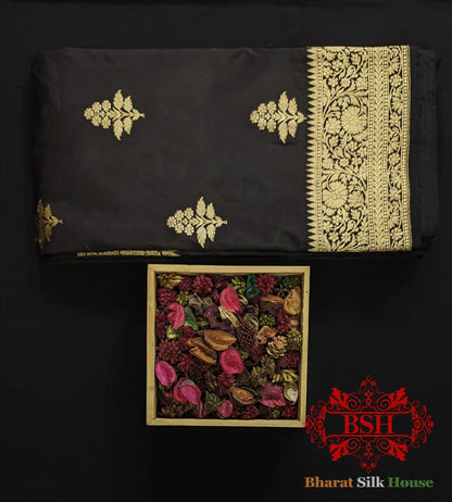 Pure Banarasi Handloom Katan Silk Antique Zari Saree In Shades Of Black - Bharat Silk House Pure Kataan Silk