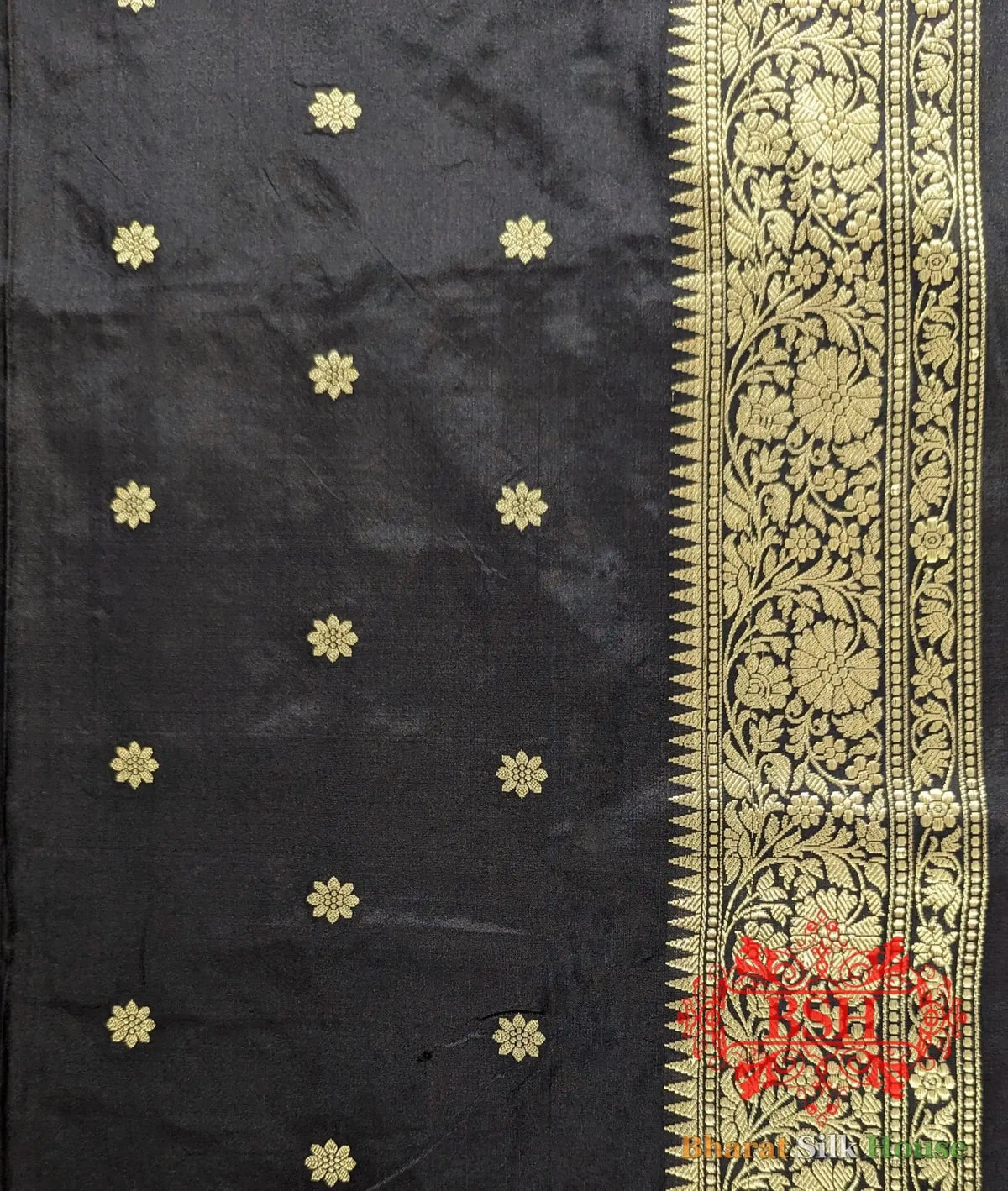 Pure Banarasi Handloom Katan Silk Antique Zari Saree In Shades Of Black - Bharat Silk House Pure Kataan Silk