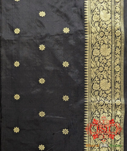 Pure Banarasi Handloom Katan Silk Antique Zari Saree In Shades Of Black - Bharat Silk House Pure Kataan Silk