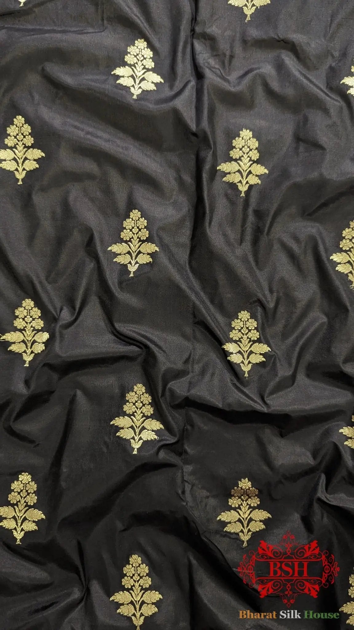Pure Banarasi Handloom Katan Silk Antique Zari Saree In Shades Of Black - Bharat Silk House Pure Kataan Silk