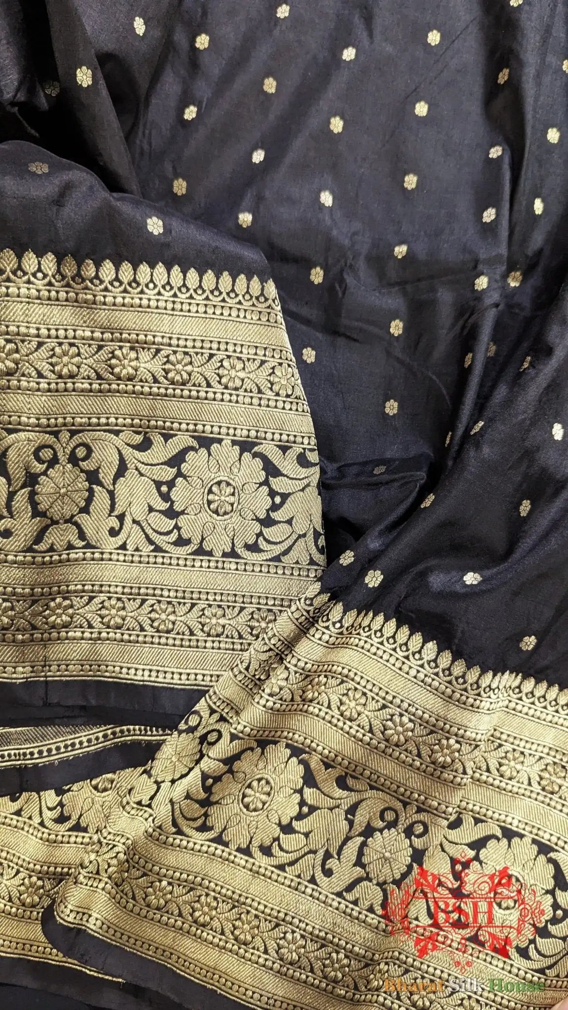 Pure Banarasi Handloom Katan Silk Antique Zari Saree In Shades Of Black - Bharat Silk House Pure Kataan Silk