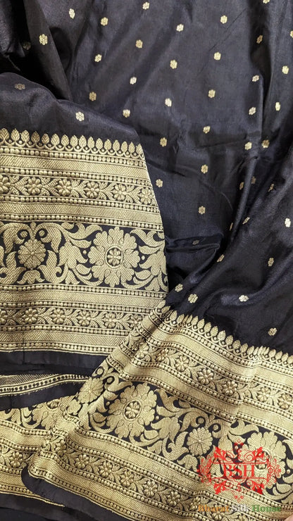 Pure Banarasi Handloom Katan Silk Antique Zari Saree In Shades Of Black - Bharat Silk House Pure Kataan Silk