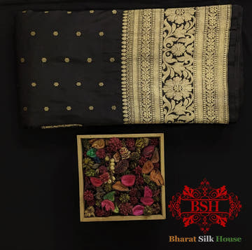 Pure Banarasi Handloom Katan Silk Antique Zari Saree In Shades Of Black - Bharat Silk House Pure Kataan Silk